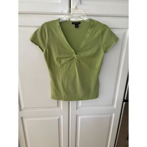 August Silk Womens Lime Green V-Neck Twist Front Short Sleeve Knit Sweater Top S